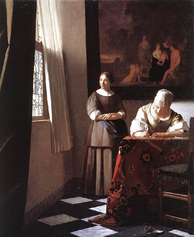 VERMEER VAN DELFT, Jan Lady Writing a Letter with Her Maid ar china oil painting image